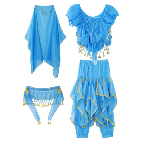 Girls Belly Dance Performance Outfit 4pcs Stage Costume Puff Sleeve Crop Top Ruffled Pants Hip Scarf Headscarf