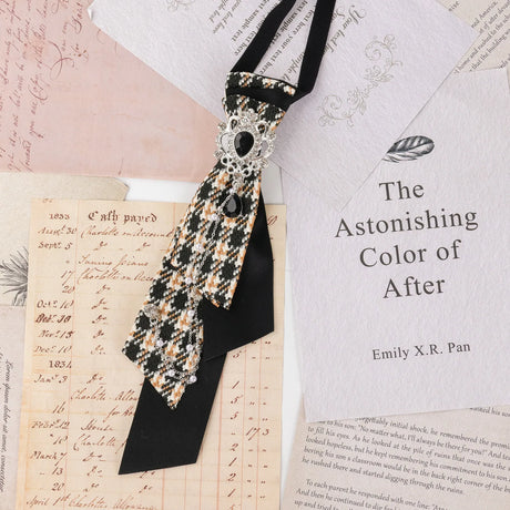Dark Academia Jabot Plaid Short Necktie Rhinestone Brooch Pearl Chain