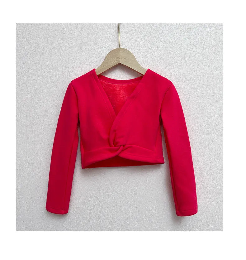 Plush Girls Ballet Wrap Tops Long Sleeve Dance Warm Up Sweater