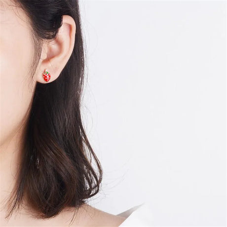 Bitty Enamel Strawberry Stud Earrings 925 Sterling Silver Jewellery