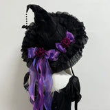 Gothic Witch's Hat Black Ruffled Lace Rose Bow Ribbon Halloween Party Cosplay Costume Props Decor