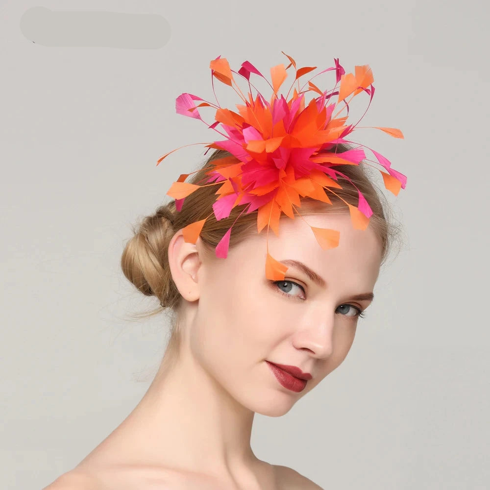 Orange and Pink Feather Fascinator Hat Spring Race Season