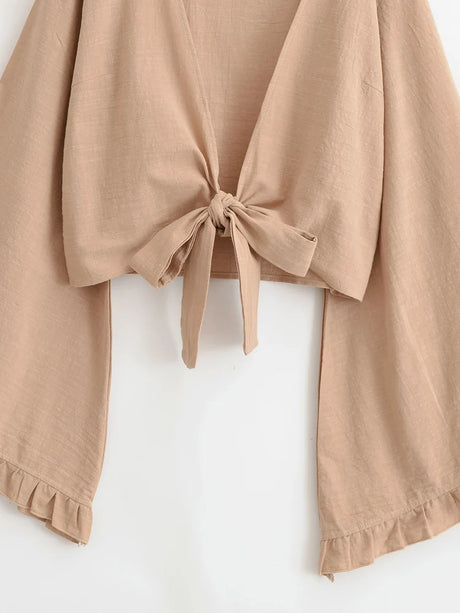 Boho Star Moon Embroidered Short Kimono Wrap Top Ruffled Flare Sleeves Cover-ups