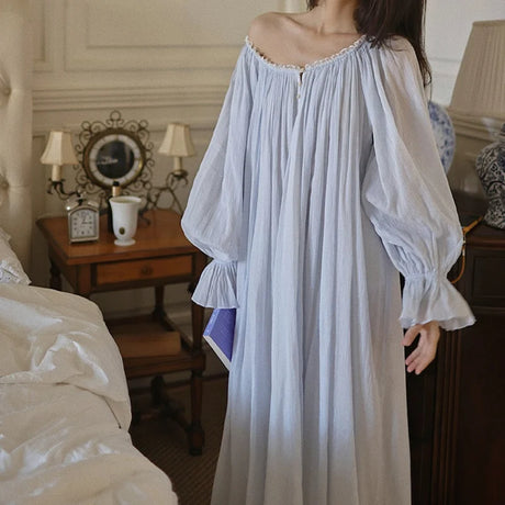 Victorian Pale Blue Vintage Long Nightgown 100% Cotton Full Sleeves Nightdress