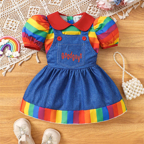 Chucky Costume  Halloween Toddler Baby Girl Cosplay Kids Rainbow Striped Shirt Overalls