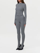 Women's Houndstooth Print High Neck Long Sleeved Top High Waist Slim Fit Jumpsuit Mid Century