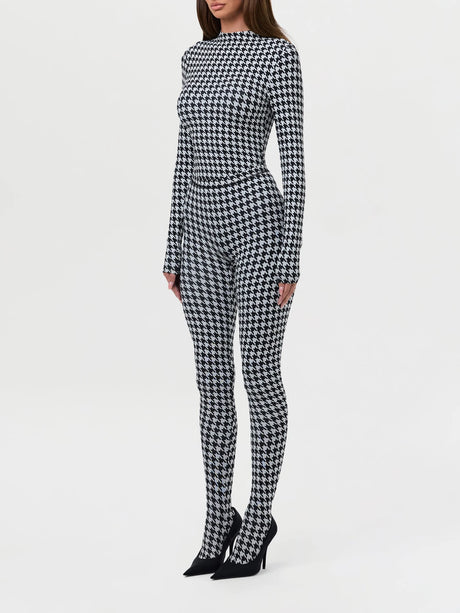 Women's Houndstooth Print High Neck Long Sleeved Top High Waist Slim Fit Jumpsuit Mid Century