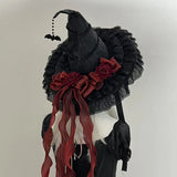 Gothic Witch's Hat Black Ruffled Lace Rose Bow Ribbon Halloween Party Cosplay Costume Props Decor