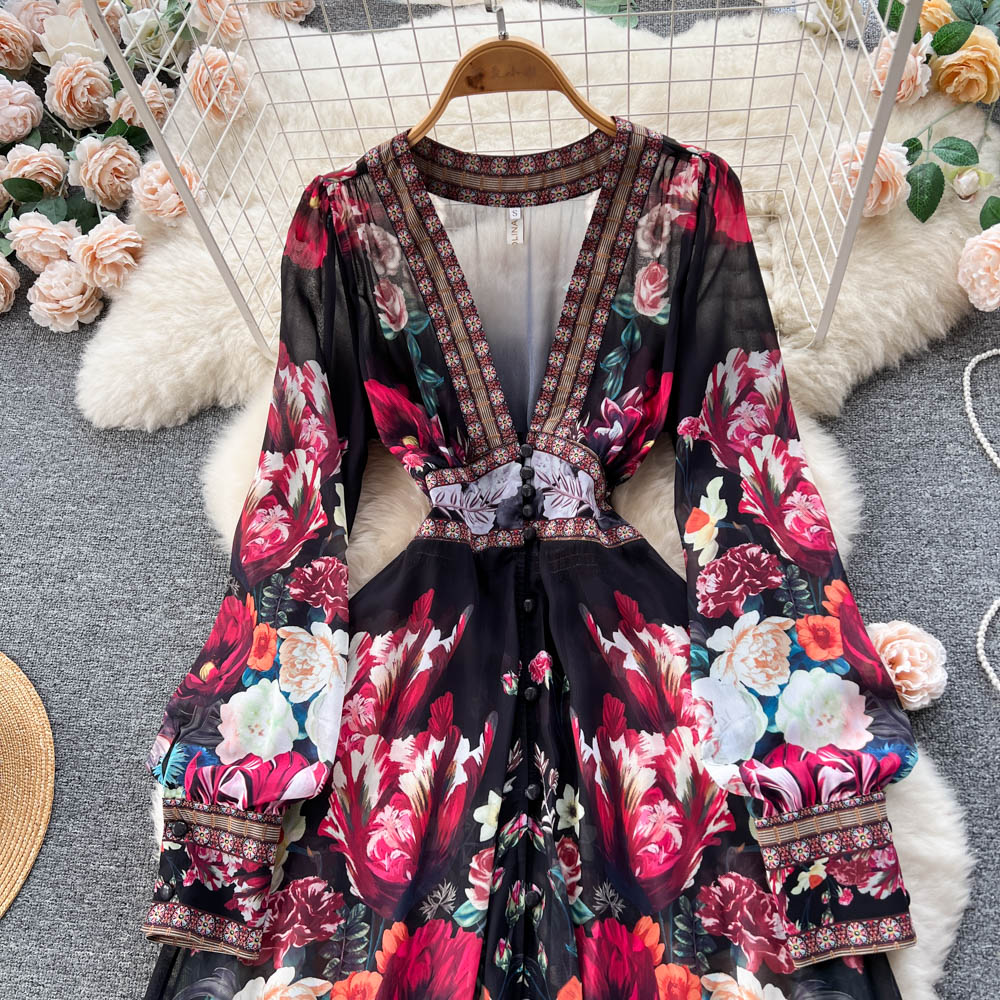 Mandy's Spring Boho Floral Chiffon Cascading Ruffles Dress