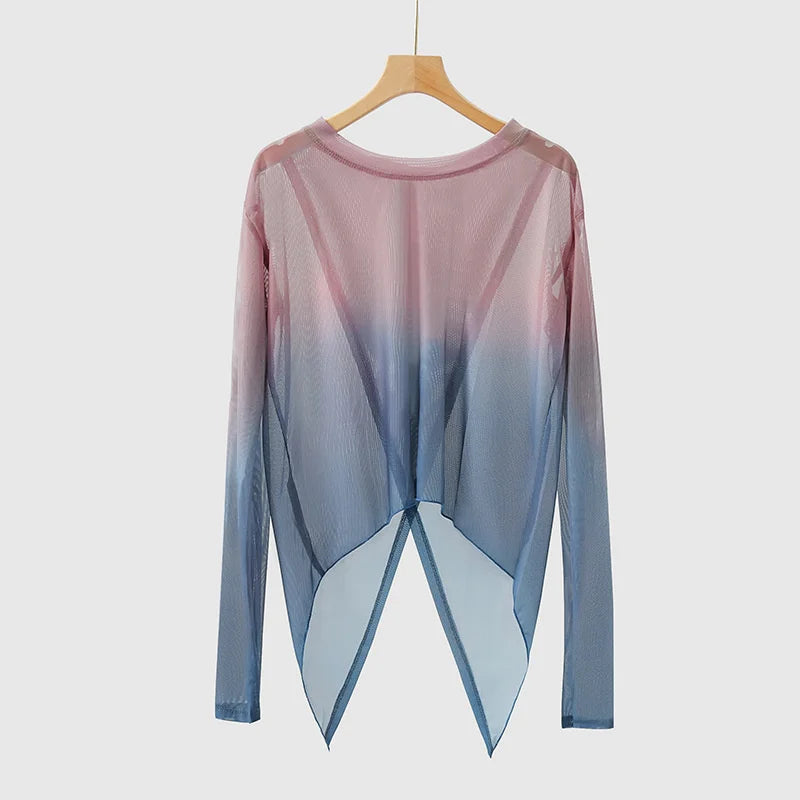Gradient Gauze Top Dance Practice Top Thumb Finger Hole Long Sleeve Dancewear