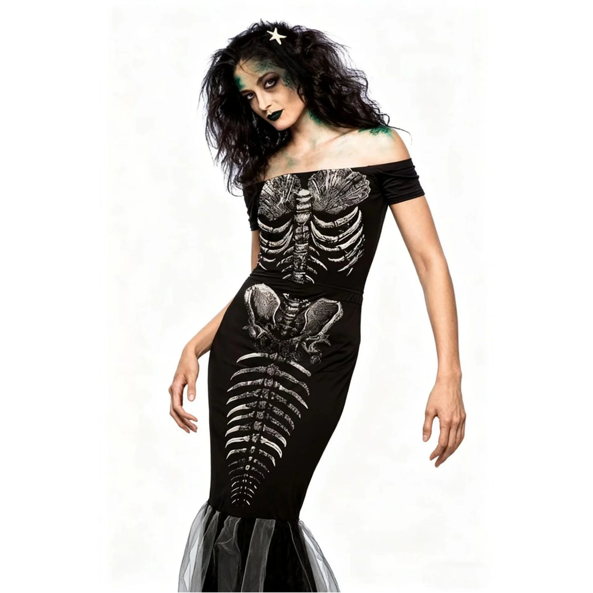 Gothic Mermaid Skeleton Dress Halloween Long Off-Shoulder Black Evening Gown Costume