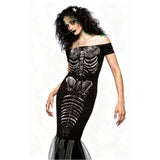 Gothic Mermaid Skeleton Dress Halloween Long Off-Shoulder Black Evening Gown Costume
