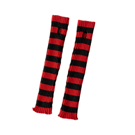 Stretch Knit Red-black Striped Goblincore Arm Warmers with Thumbhole
