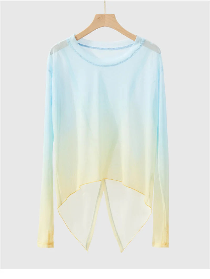 Gradient Gauze Top Dance Practice Top Thumb Finger Hole Long Sleeve Dancewear