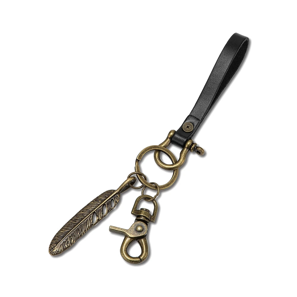 Handmade Leather Keychain Brass D-Shape Shackle Feather Charms Keyring