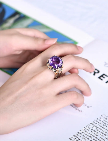The Weaver's Treasures S925 Sterling Silver Rings Golden Leaves Natural Amethyst Tourmaline