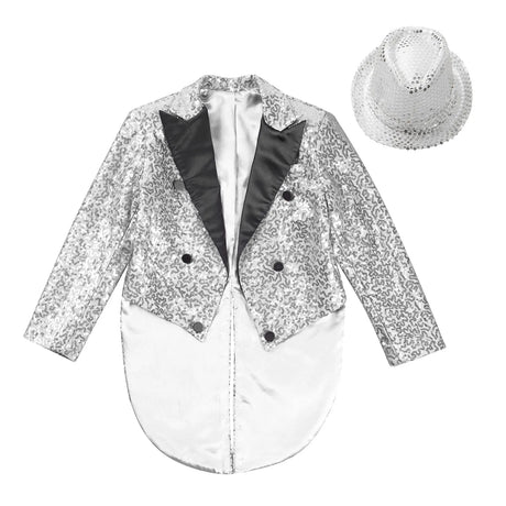 Boys Sequinned Tailcoat Magic Show Jazz Dance Performance Outfit Blazer with Hat