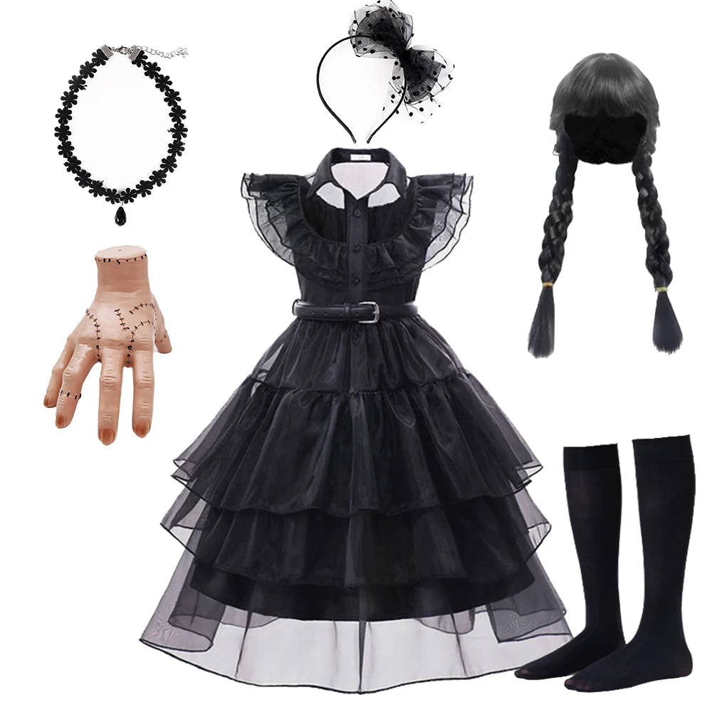 Wednesday Addams Cosplay Costume Girls Black Gothic Dress Sets