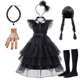 Wednesday Addams Cosplay Costume Girls Black Gothic Dress Sets