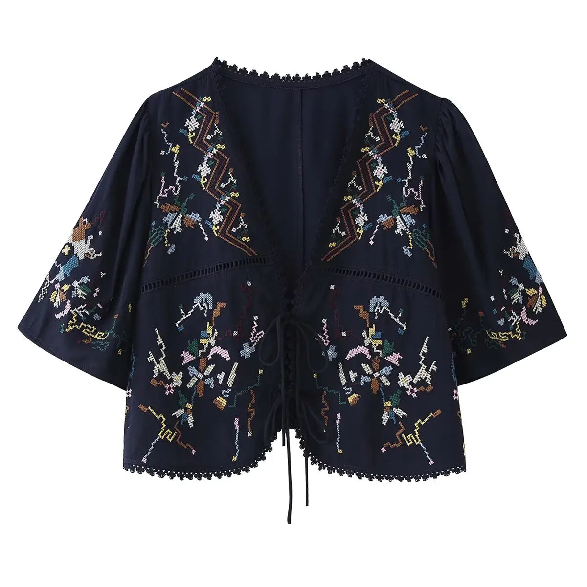 Toni's Totem Flower Navy Embroidered Short Sleeve Jacket Short Coat