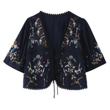 Toni's Totem Flower Navy Embroidered Short Sleeve Jacket Short Coat