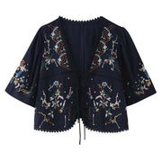 Toni's Totem Flower Navy Embroidered Short Sleeve Jacket Short Coat