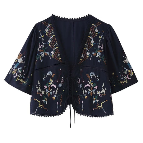 Toni's Totem Flower Navy Embroidered Short Sleeve Jacket Short Coat