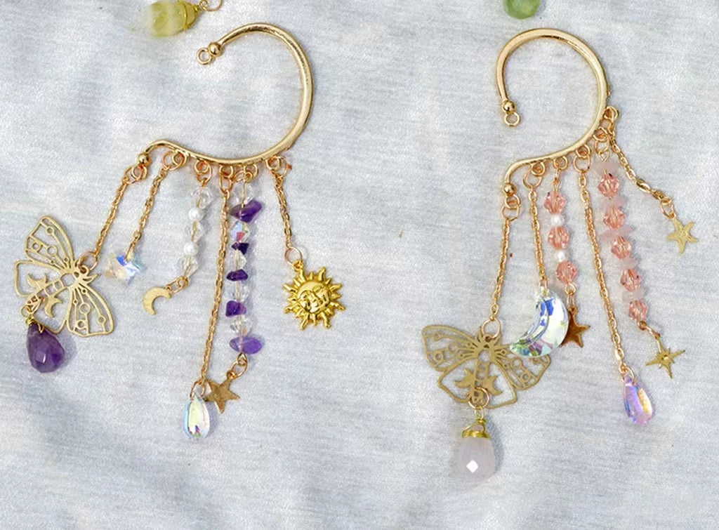 Natural Quartz Crystal Charm Ear Cuffs Sun Moon Single Ear Clip