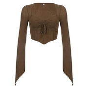 Y2k Chocolate Brown Flare Sleeve Top Matching Grunge Skirt