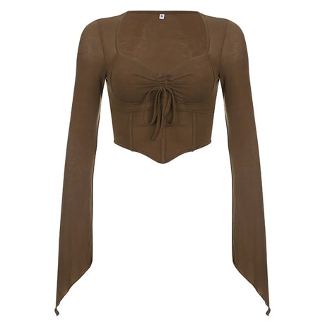 Y2k Chocolate Brown Flare Sleeve Top Matching Grunge Skirt