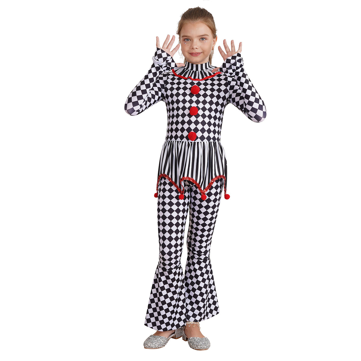 Kids Girls Halloween Harlequin Circus Clown Cosplay Costume Pom Poms Checkerboard Jumpsuit