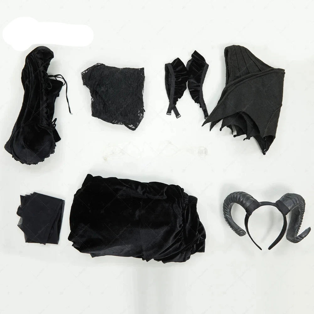 Gothic Black Devil Costume Set Lace Top Adjustable Corset with Irregular Skirt and Bat Wings for Halloween