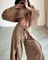 Marney's Summer Fishermans Pants Sets Cotton Linen Cropped Top And Slit Wide Leg Pants