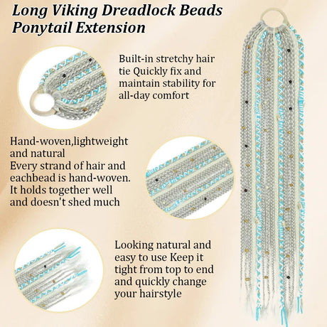 24" Beaded Boho Braided Ponytail Extension Viking Ties Dreadlock Synthetic Hairpiece