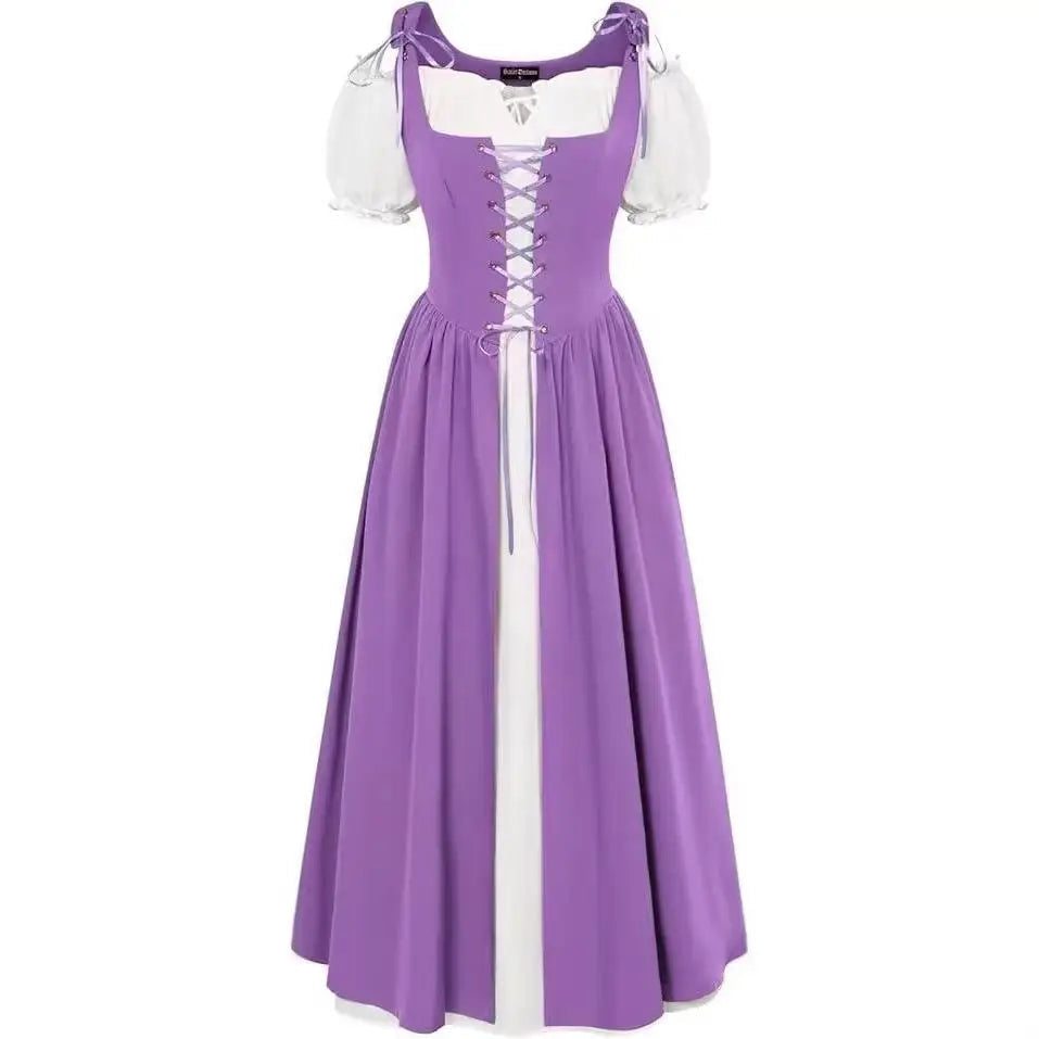 Medieval Cosplay Costume Women Two Layer Lace Up Bodice Dress