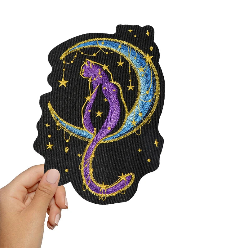 1PC Cat & Moon Star Embroidered Patch Iron On Sew On Patches DIY Craft