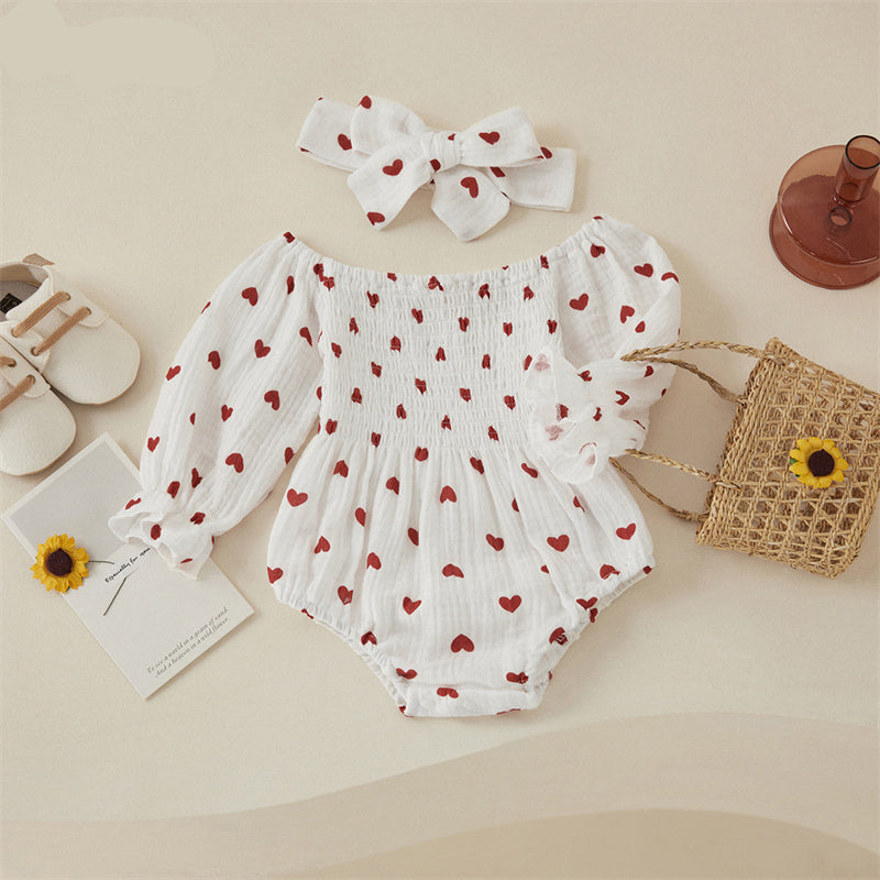 Valentines Day Easter St Patricks Christmas Baby Girls Heart Print Romper with Headband