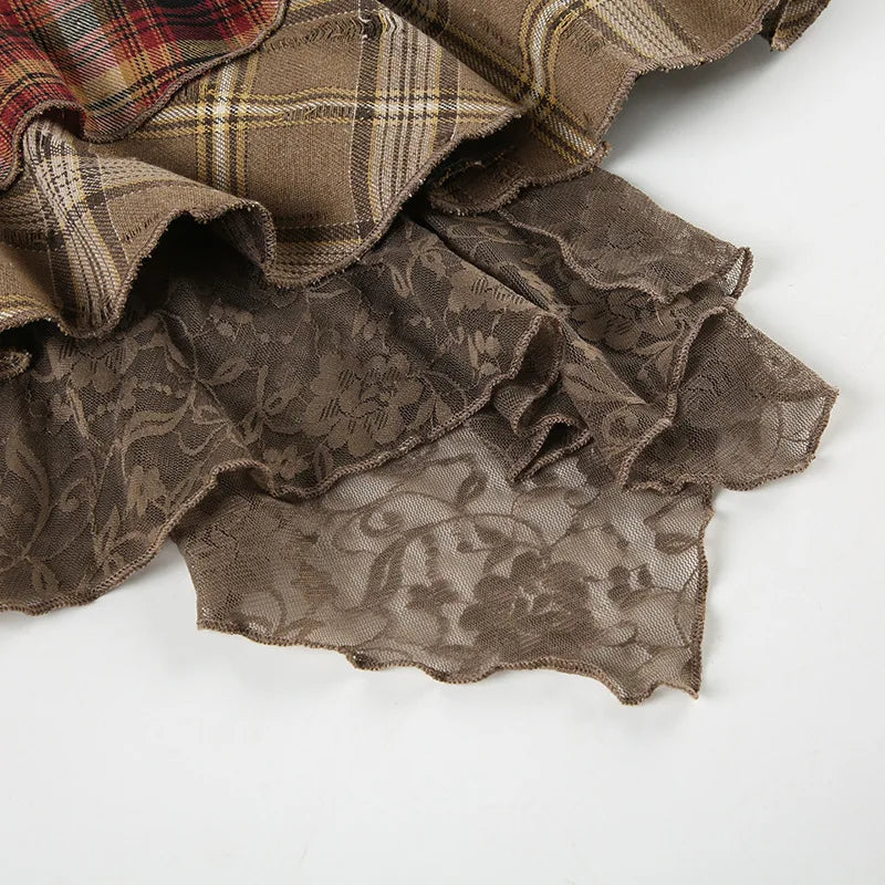 Goblincore Grunge Irregular Spliced Lace Plaid Skirt