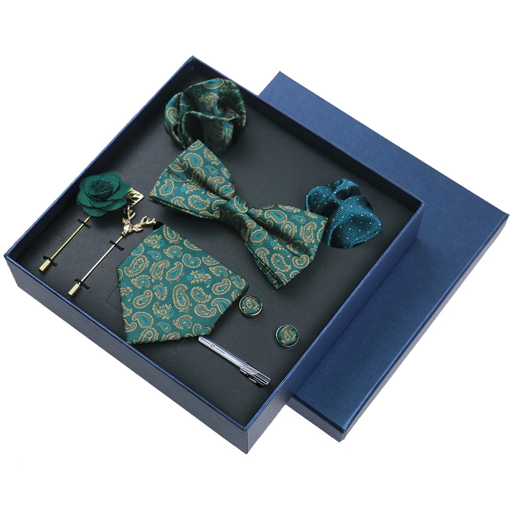Men's 8pcs Tie Set Wedding Cravat Silk Bowtie Pocket Square Cufflinks Brooch Box Set Gifts For Men