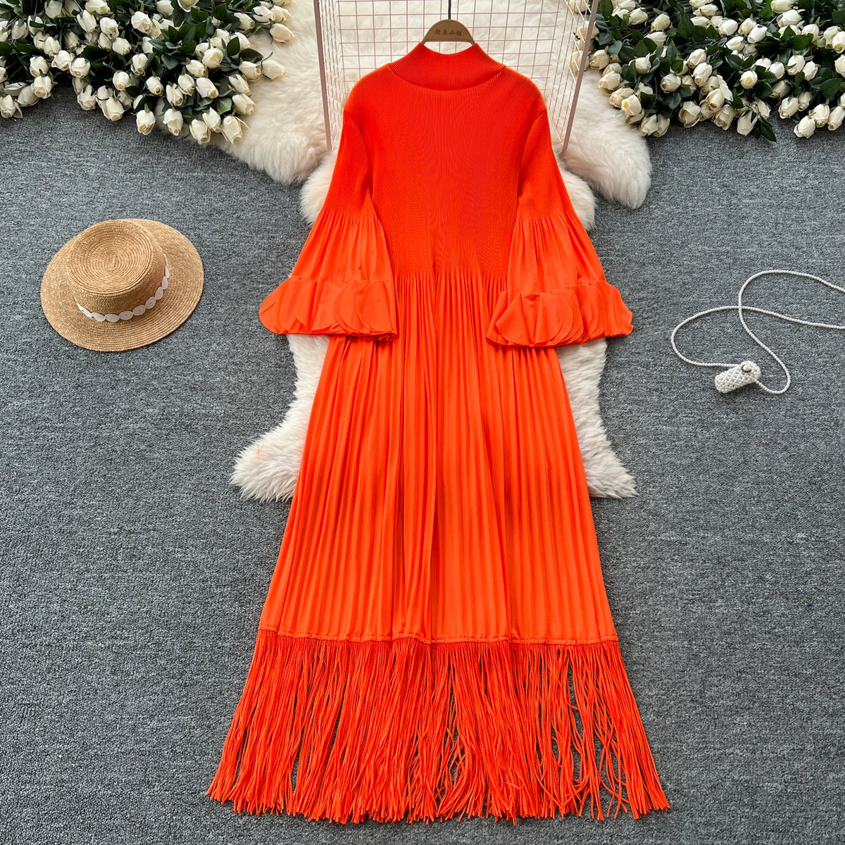Petal Sleeves Pleated Tassel Dress Eight Colours