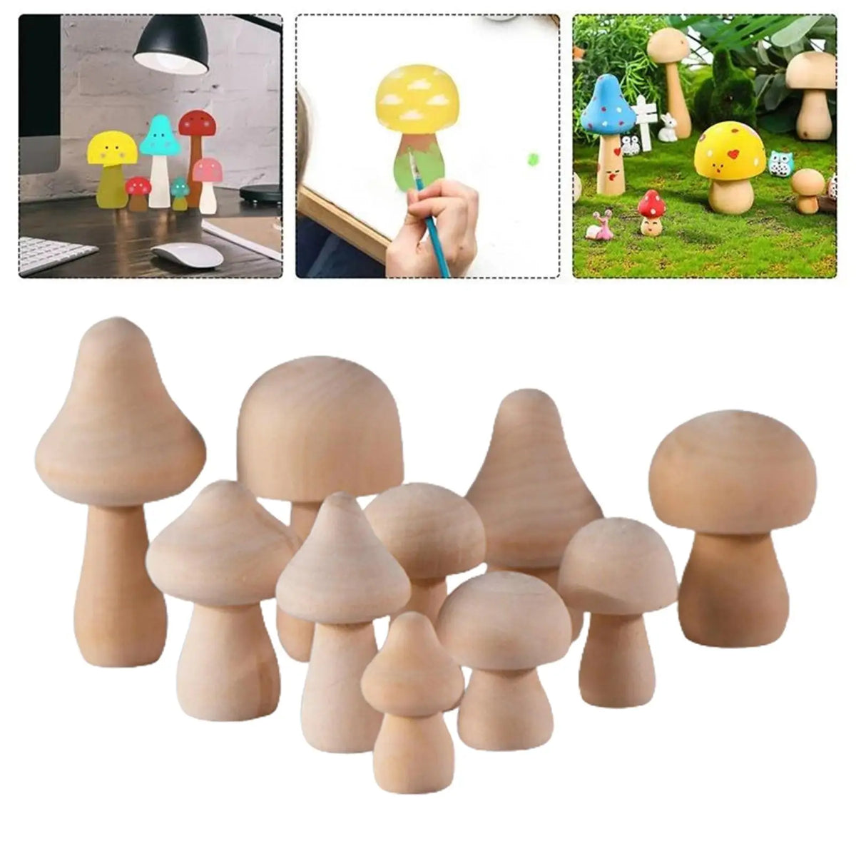 Ten Unfinished Wooden Mushrooms DIY Craft Paint