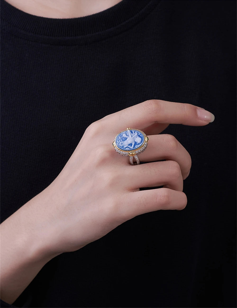 La Belladonna Wraith S925 Sterling Silver Rings Blue Agate White Shell Full Zircon Portrait Jewellery