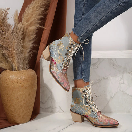 Purple and Golden Marie Antoinette Handmade Embroidered Ankle Boots