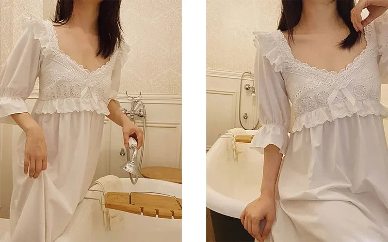 Summer Cotton Women's Sleepwear Antique French Style Lace Nightgown Nightdress