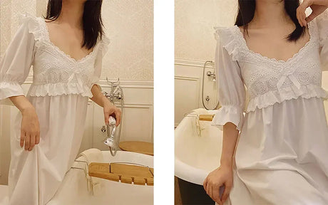 Summer Cotton Women's Sleepwear Antique French Style Lace Nightgown Nightdress