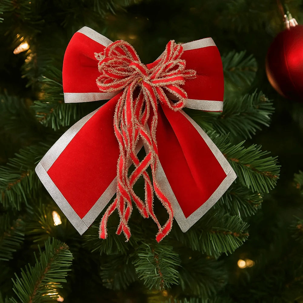Sparkling Christmas Bow with Ribbon Christmas Tree Bowknot Flocked Wreath Xmas Decorations
