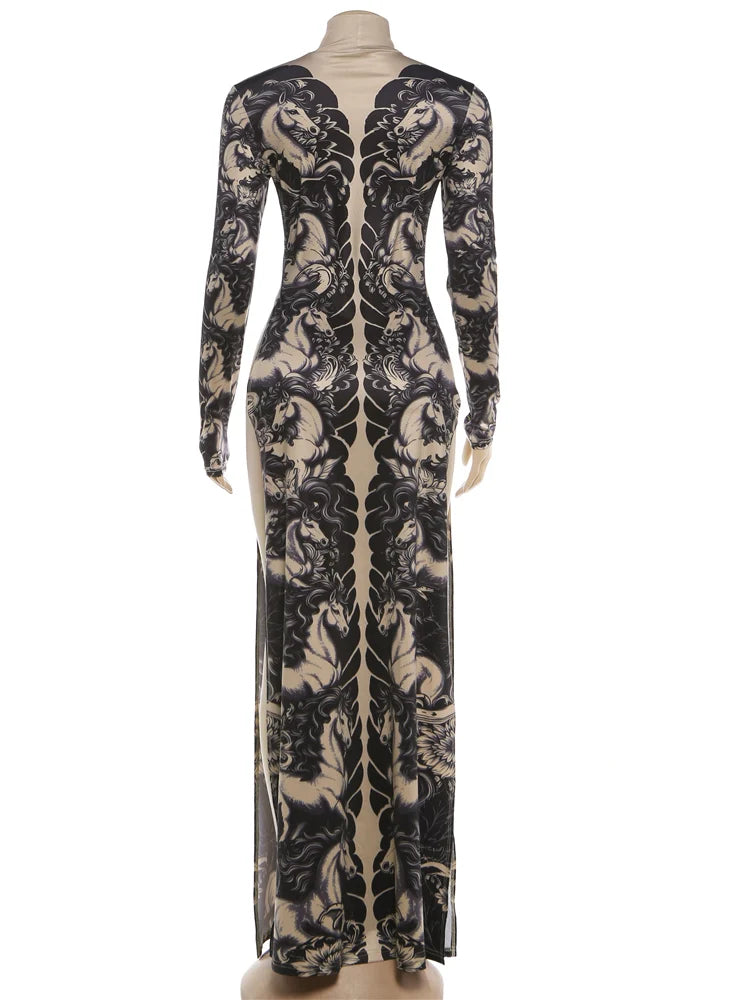 Wild Horses Full Sleeve Long Bodycon Dress Stretch
