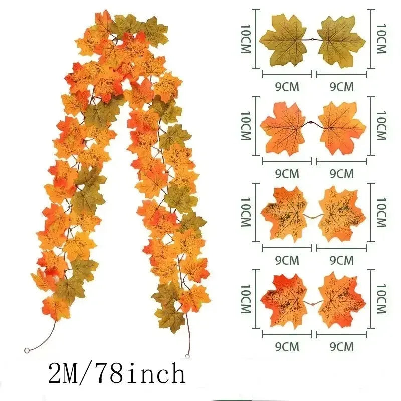200CM Autumn Artificial Maple Leaf Garland Wreath Vine Home Decor Garden Halloween Windows Decoration