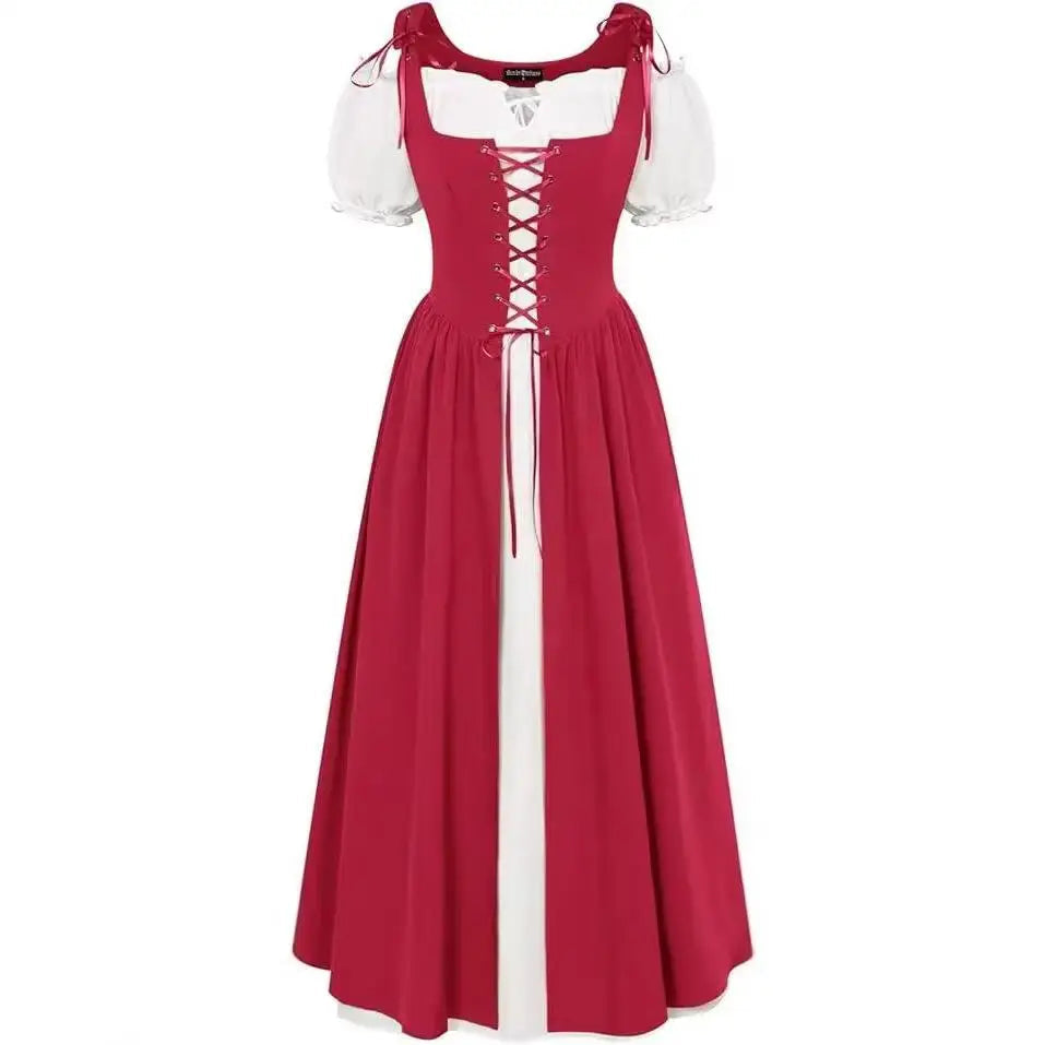 Medieval Cosplay Costume Women Two Layer Lace Up Bodice Dress