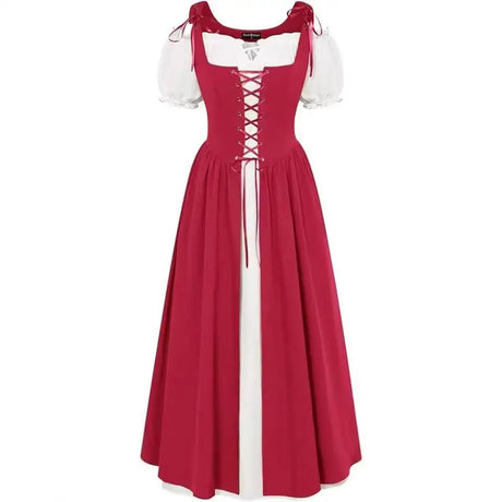 Medieval Cosplay Costume Women Two Layer Lace Up Bodice Dress